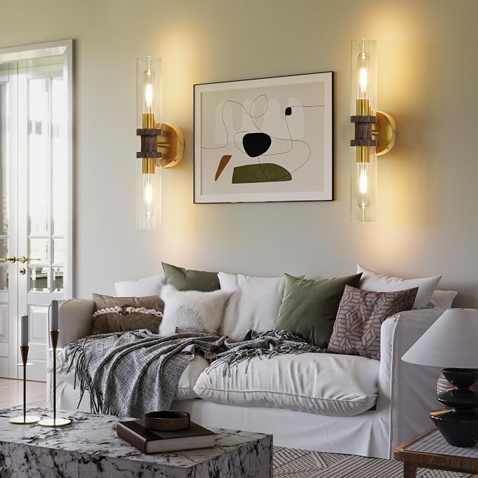 Rayogale Gold & Walnut Wireless Battery Operated Wall Sconce with Remote | Dimmable Rechargeable Wall Lights Set of 2, Timer, No Hardwire, Touch Control, 8000mAh, 3000K, Glass, Emergency, 16.5 Inch