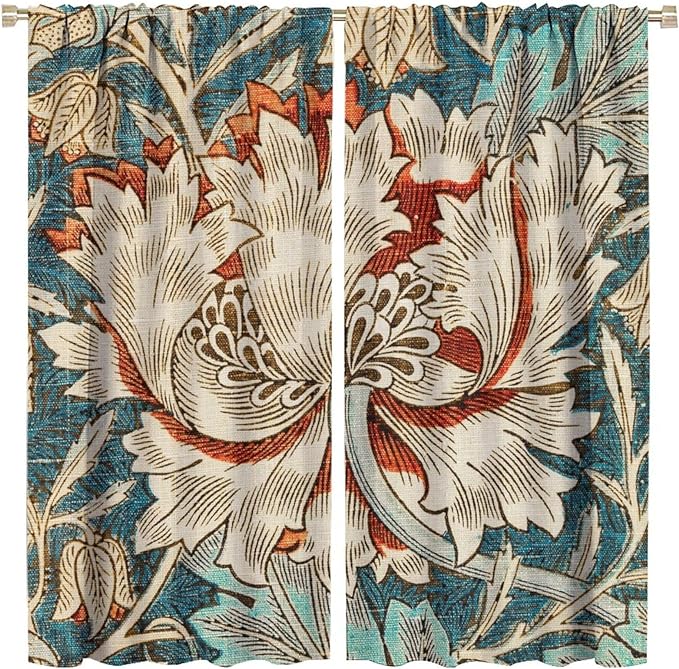 William Morris Plant Floral Blackout Window Curtains, Bohemian Vintage Rustic Flowers William Morris Art Style Window Drapes, for Bedroom Living Room 21(W)*45(L) 2 Panels