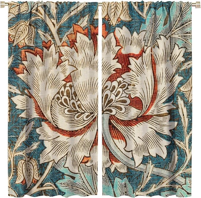 William Morris Plant Floral Blackout Window Curtains, Bohemian Vintage Rustic Flowers William Morris Art Style Window Drapes, for Bedroom Living Room 42(W)*84(L) 2 Panels