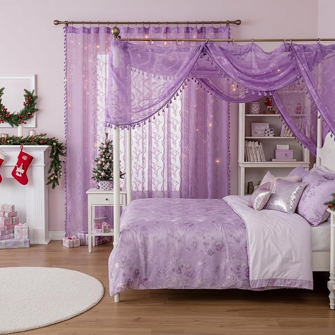 WAZZIO Boho Lace Curtains 84 Inch 2 Panels -Sheer Panel Drape Floral Pattern & Tassel Light Filtering Privacy for Bedroom Dining Living Room,Lilac Girl Women House Decor,Lavender Purple,W52 x 84L