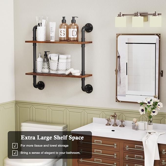 Merapi 24" Industrial Pipe Shelves Wall Mounted, 2 Tier Rustic Floating Shelves for Wall, Kitchen Storage Shelves, Coffee Bar Shelf Organizer, Bathroom Wall Shelves, Living Room Wall Decor