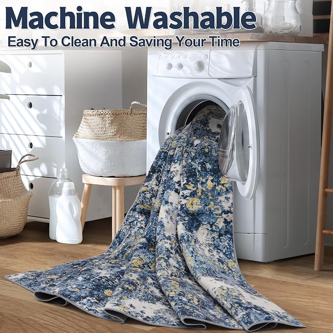 10x14 Area Rugs Living Room Rugs: Large Washable Rug with Anti-Slip Backing Non-Shedding Stain-Resistant Soft Abstract Carpet for Bedroom Dining Room Nursery Home Office-Blue/Multi