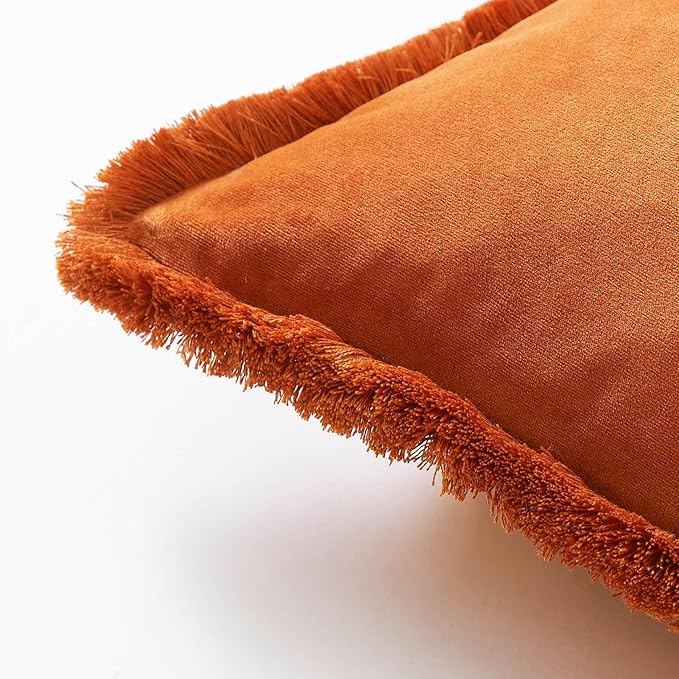 JUSPURBET Rust Velvet Throw Pillow Covers 16x16 Inch Set of 2 with Soft Tassel Fringe Luxury Boho Pillowcase for Sofa Couch Bed Home Decor Machine Washable