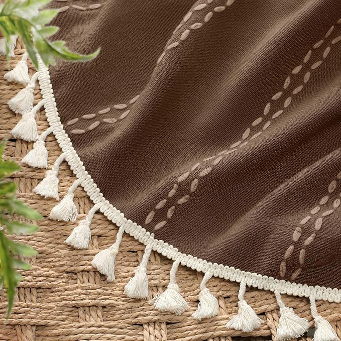 Brown Boho Blackout Curtains 2 Panels 84 Inch for Living Room Bedroom, Linen Texture Farmhouse Curtains with Tassels and White Cotton Embroidery Vintage