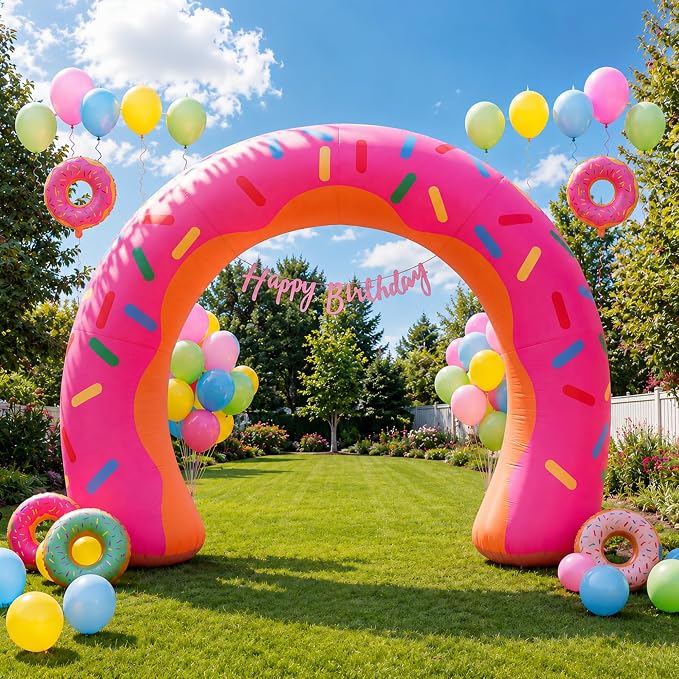 Jenaai 8ft Giant Donut Inflatable Arch Blow up Doughnut Inflatable Outdoor Yard Decorations with Built in LED Lights Outdoor Birthday Party Baby Shower Holiday Decor for Garden Lawn