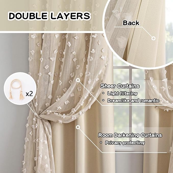 MYSKY HOME Beige Curtains for Bedroom 95 Inches Long Living Room Curtain with Beige Pom Pom Sheer for Dining Room Grommet Double Layer Nursery Curtain Toddler Room Darkening Window Drapes 52 Wide