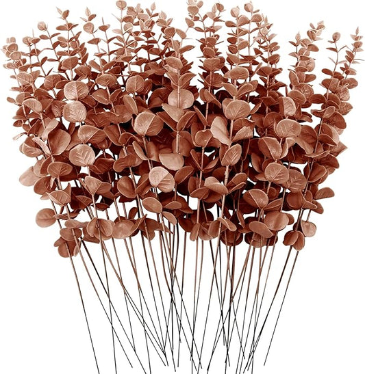 FEQO 36 Pcs Artificial Eucalyptus Stems Dark Brown Leaves Faux Eucalyptus Stems Branches 15 inch for Wedding Bouquet Home Deco