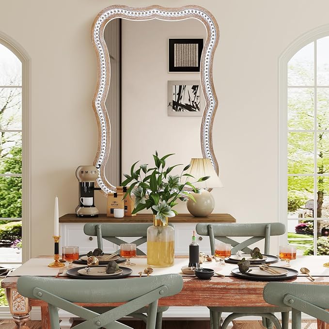 36x24 Inch Wavy Mirror for Wall Decor, Wooden Bathroom Decorative Mirrors | Hang Vertically or Horizontally to Fit Living Room, Entryway, Sideboards, Dresser, Hallway, Foyer or Rental Spaces