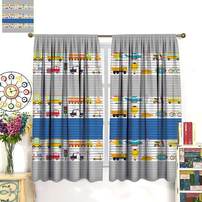Cartoon Vehicles Blackout Curtain,Kids Boys Cute Cars Pattern Print Window Treatment Curtains Dining Room Living Room Kitchen Cafe Bedroom Office Nursery Drapes,72x63 in