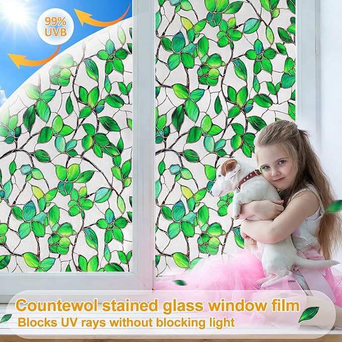 Countewol Greenery Leaf Static Cling Window Film Frosted Stained Glass Privacy Anti-Glare UV Protection for Home & Bathroom (Textured Greenery Leaf, 45.2 x 78.7 in)