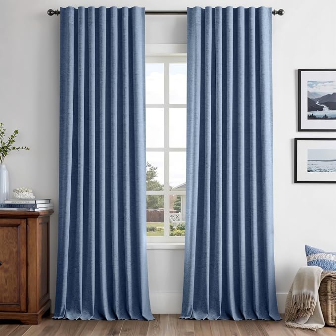 MIULEE 100% Blackout Linen Curtains for Bedroom, Blue Solid Luxury Decor Thermal Insulation Room Darkening Drapes for Living Room Back Tab Rod Pocket 42 x 96 Inches, 2 Panels