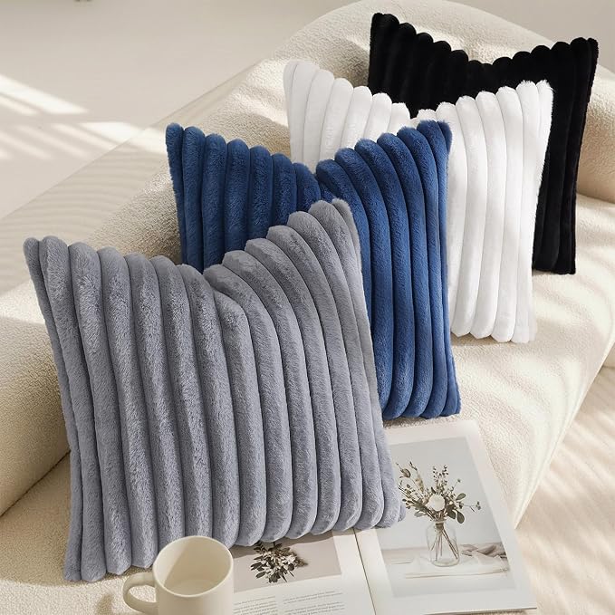 decorUhome Fall Cozy Faux Fur Throw Pillow Covers 26x26 Set of 2 Decorative Soft Plush Striped Modern Farmhouse Boho Couch Euro Sham Pillow Cases with Velvet Back for Sofa Bed Living Room, Grey
