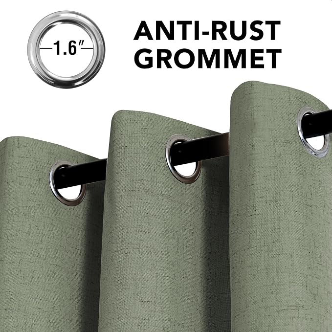 H.VERSAILTEX Linen Curtains 100% Blackout Curtains for Bedroom 120 inch Long Full Light Blocking Nature Linen Blended Window Curtains for Living Room Nickel Grommet (2 Panels, Heathered Dried Sage)