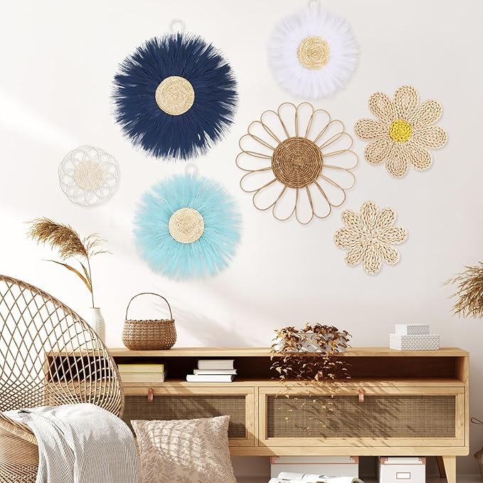 Chunful 7 Pcs Boho Wall Basket Decor Rattan Flower Wall Decor Nursery Daisy Flower Woven Macrame Hanging Flowers for Baby Kids Girls Farmhouse Bedrooms Living Rooms Kitchen Home(Blue)