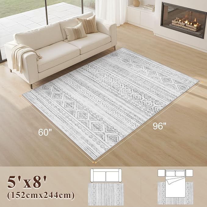 cotiled 5x8 Area Rugs Living Room Rug: Washable Boho Rugs with Non Slip Backing Large Soft Indoor Stain Resistant Carpet for Bedroom Farmhouse Dining Room Lightweight Home Decor Light Grey