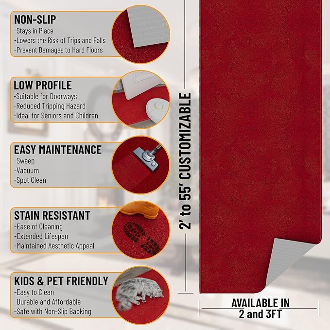 Ottomanson 2'7" x 38' Ultra-Thin Hallway Runner Rug - Durable Non-Slip Carpet for High-Traffic Areas - Fits Under Doors for Seamless Entry - Ideal for Kitchen, Entryway, Bedroom & Living Room, Red