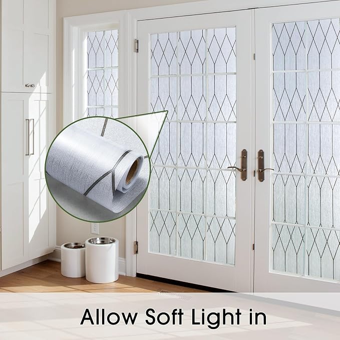 Windimiley Window Privacy Film Stained Glass Static Clings, Bathroom Frosted Leaded Decorative Window Stickers, UV Heat Blocking Opaque Removable for Home Door Coverings (23.6 x 78.5in,Rain)