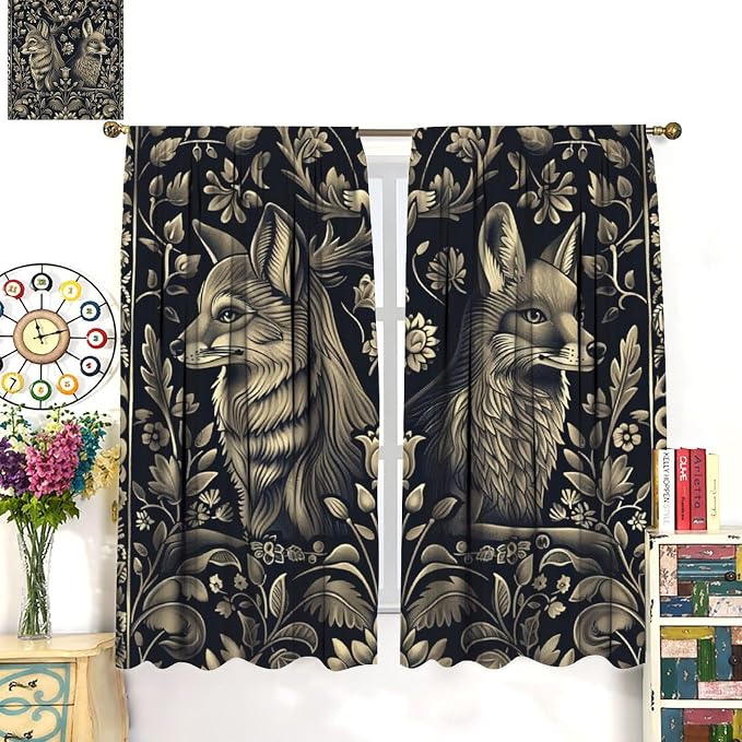 Vintage William Morris Blackout Curtains, Rustic Forest Abstract Country Fox Flower Window Drapes, for Bedroom Living Room 84" W X 84" L