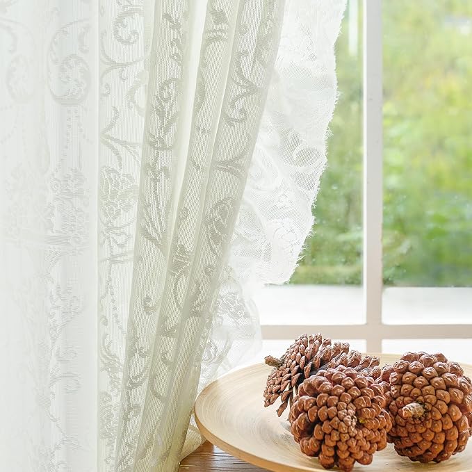 TUDECO Ruffle Curtains 2 Panels - Vintage Tulle Floral Lace Cream Sheer Curtains 84 Inches Long, Shabby Chic Decor, Rod Pocket Privacy Ruffled Drapes for Living Room, 59 x 84 Inch, Ivory