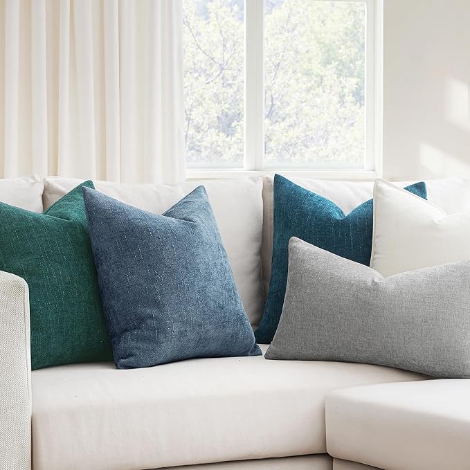 MIULEE Pack of 2 Decorative Throw Pillow Covers Soft Chenille Throw Pillows Solid Textured Cushion Covers for Couch Sofa Bedroom Living Room 18x18 Inch, Dark Grey Blue