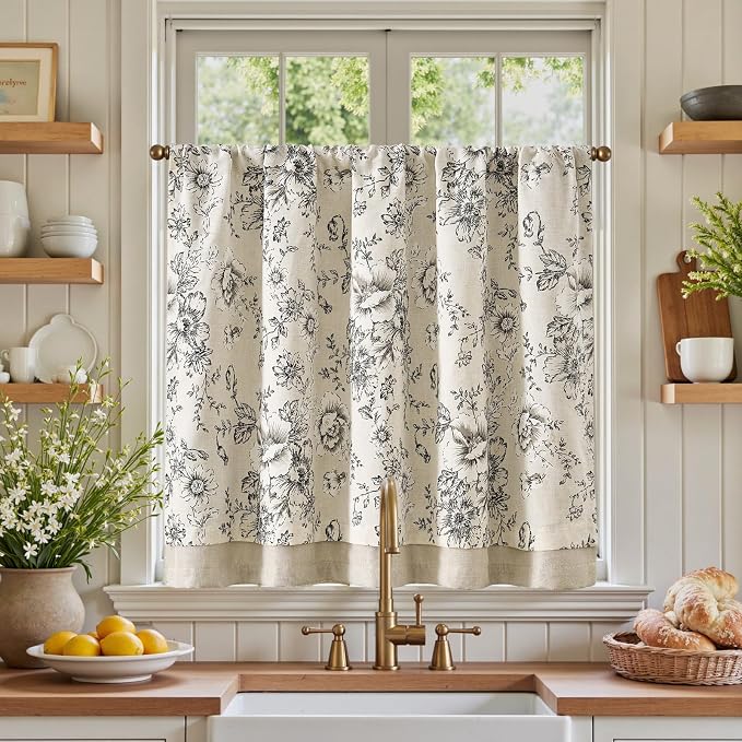 jinchan Linen Kitchen Curtain 36 Inch French Floral Double Layer Curtain Farmhouse Vintage Tier Drape Rustic Half Window Curtain for Living Room Window Treatment Rod Pocket 1 Panel Black on Beige