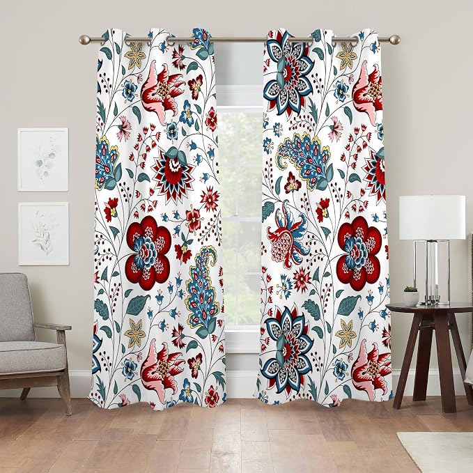 Renaiss Boho Floral Blackout Curtains, Bohemian Flower Plant Print Thermal Insulated Bedroom Window Curtains, Botanical Art Window Curtains for Kitchen, 45" L x 29" W 2 Panel Set