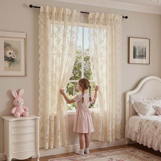 MEETSKY Vintage Lace Sheer Curtains 54 Inch Long 2 Panels Set for Small Windows French Victorian Spring Floral Pattern Design Light Filtering Rod Pocket Drapes, 50" W Each Panel, Light Yellow