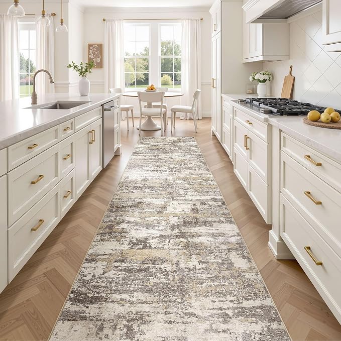 Hallway Washable Runner Rug: 3x12 Abstract Modern Soft Stain Resistant Non-Slip Backing Runner for for Entryway Kitchen Laundry - Gold Brown