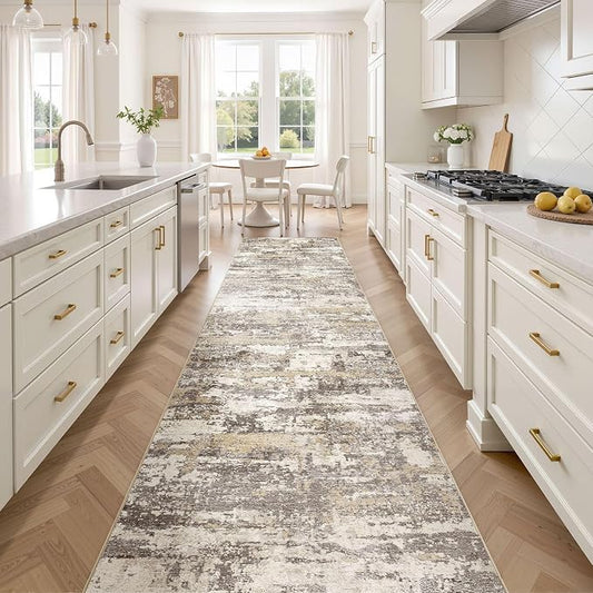 Hallway Washable Runner Rug: 3x12 Abstract Modern Soft Stain Resistant Non-Slip Backing Runner for for Entryway Kitchen Laundry - Gold Brown