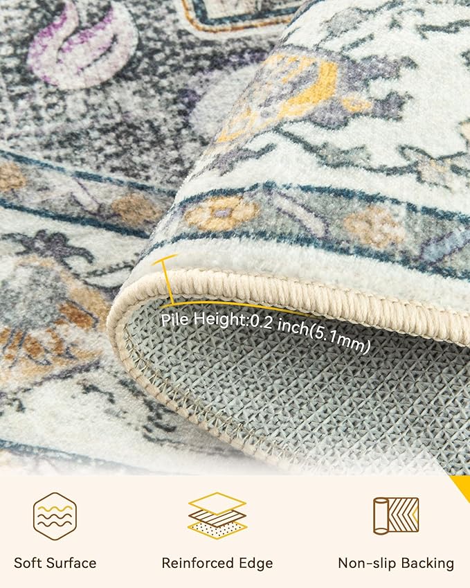 RELEANY Area Rugs Round 4ft Washable Non-Slip, Floral Vintage Distress Medallion Carpet for Living Room Bedroom Dining Room, Beige Carbon Grey Orange