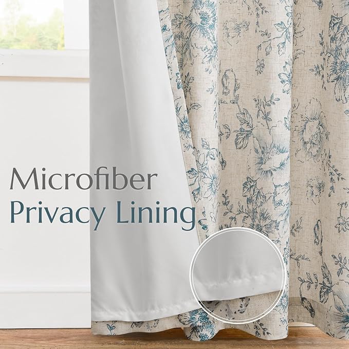 jinchan Floral Linen Curtains with Lined for Living Room 84 Inches Long Farmhouse Vintage Blue Peony Flower Printed Curtains Rod Pocket Back Tab Drapes Bedroom Window Treatments 2 Panels