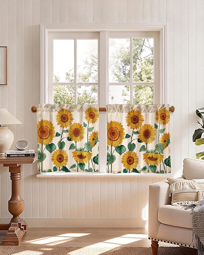 Miss Adola Sunflower Kitchen Tier Curtains - 24 Inch Length Linen Blend Farmhouse Cafe Curtains Floral Small Window Treatments Over Sink Rod Pocket for Bathroom Living Room Light Filtering, 2 Panels