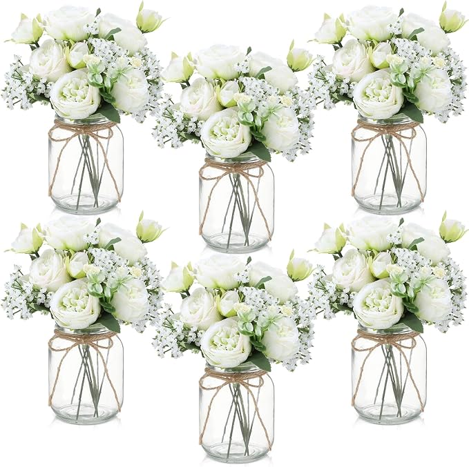 Zeyune 6 Sets Mason Jar Centerpiece Table Decorations, Artificial Peony Baby's Breath Flower Bouquets, Faux Flowers with Vase, Rustic Decor Gifts for Home, Wedding, Holiday (Green)
