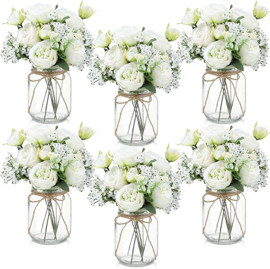 Zeyune 6 Sets Mason Jar Centerpiece Table Decorations, Artificial Peony Baby's Breath Flower Bouquets, Faux Flowers with Vase, Rustic Decor Gifts for Home, Wedding, Holiday (Green)