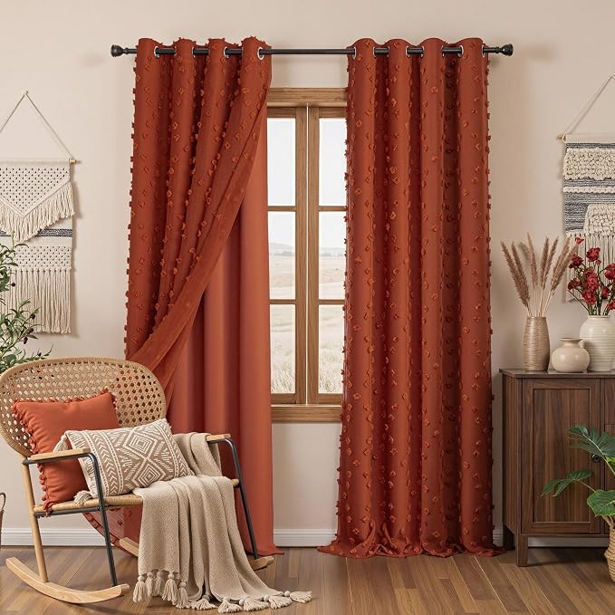 MYSKY HOME Terracotta Blackout Curtains for Living Room 90 Inches Long Boho Curtains Double Layer Brick Red Pom Pom Sheer Overlay for Toddler Grommet Privacy Protect Window Drapes 52" x 90", 2 Panels