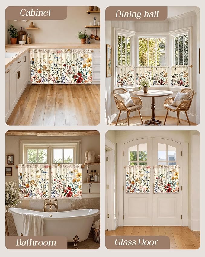 Miss Adola Floral Kitchen Tier Curtains - 24 Inch Length Linen Blend Farmhouse Cafe Curtains Vintage Small Window Treatments Over Sink Rod Pocket for Bathroom Living Room Light Filtering, 2 Panels