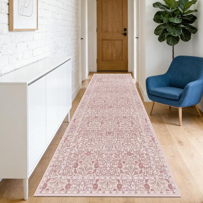 Washable 2'6" x 10' Runners for Hallways, Non Slip Long Floor Runner for Kitchen, Entryway Indoor, Stain Resistant Rubber Backing Floral Decor Rug (Pink)