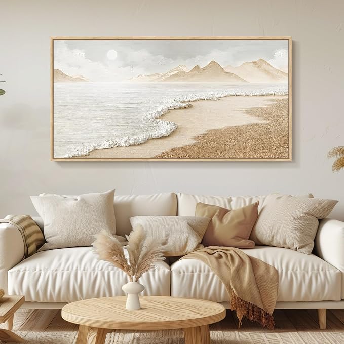 Framed Boho Beach Coastal Wall Art for Living Room, Large Neutral Ocean Canvas Artworks for Walls, Horizontal Abstract Minimalist Coastal Art Print for Bedroom Kitchen Office Wall Decor, 20x40 Inch
