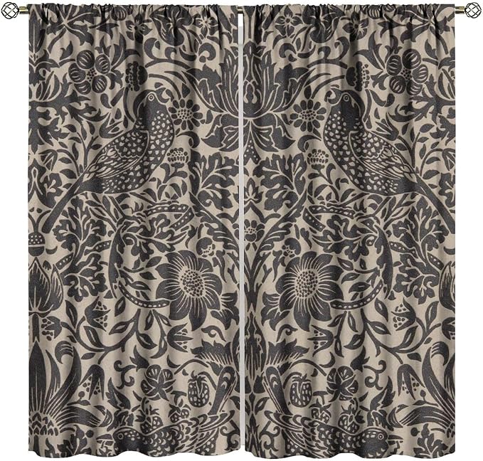 William Morris Style Blackout Window Curtains, Vintage Flower Birds Medieval Abstract Floral Window Drapes, for Living Room Bedroom 21(W)*45(L) 2 Panels