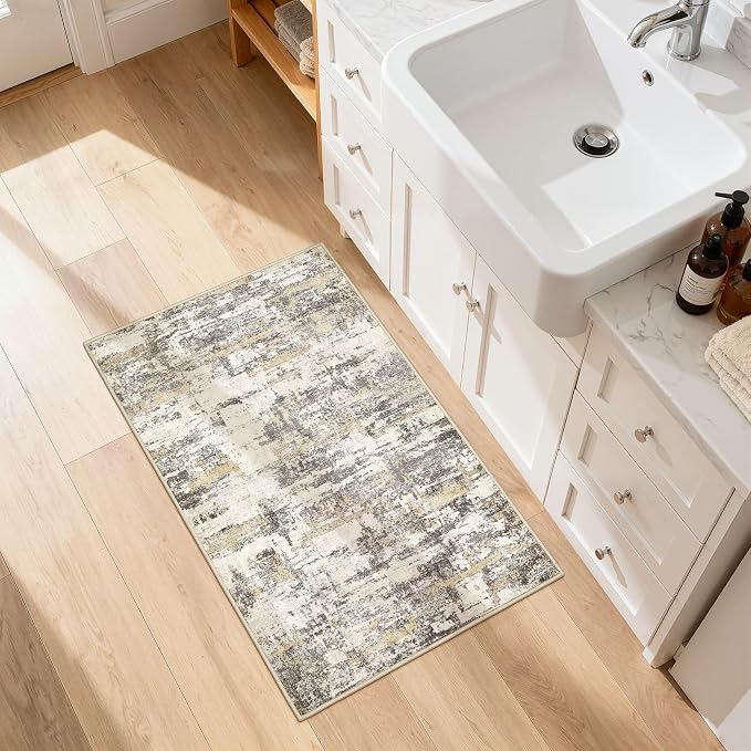 Washable Area Rugs: 2x3 Abstract Modern Soft Stain Resistant Non-Slip Backing for Living Room Entryway Bedroom Nursery - Gold Brown