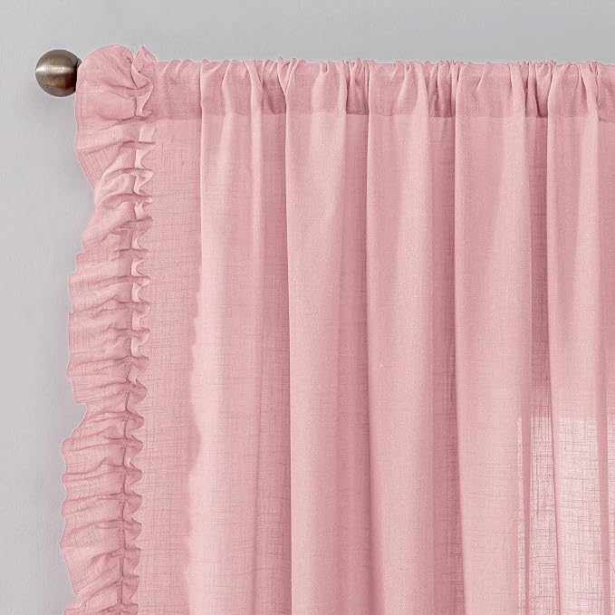 Blush Pink Curtains 96 Inches Long, 2 Panels, Each W47 x L96 Inch, Romantic French Country Linen Ruffle Curtains for Living Room, Rod Pocket Privacy Semi-Sheer Feminine Flowy Curtain Window Drapes