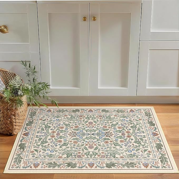 2x3 Washable Area Rug Floral Beige Entryway Small Rug Vintage Forest Low Pile Non Slip Stain Resistance Soft Carpet for Kitchen, Bedroom Beside, Laundry Room, Office Rug, Kids Room, Nursery Room