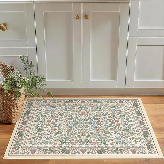 2x3 Washable Area Rug Floral Beige Entryway Small Rug Vintage Forest Low Pile Non Slip Stain Resistance Soft Carpet for Kitchen, Bedroom Beside, Laundry Room, Office Rug, Kids Room, Nursery Room