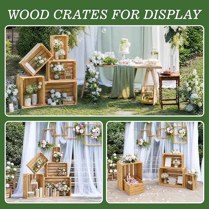 5 Pcs Wooden Crates for Display, Nesting Wood Crate for Storage, 5 Size | Farmhouse Weddings Wooden Basket for Storage Container and Decorations, Rustic Wood Crates for Farmers Market, Birthday, DIY