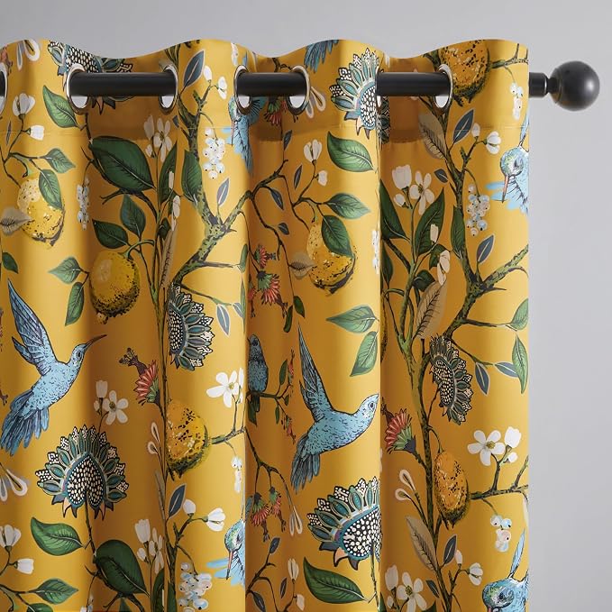 Topfinel 102 Inches Long Mustard Yellow Luxury Curtains for Living Room Bedroom, Blackout Vintage Art Deco Victorian Curtains Floral Lemon Hummingbird Printed Grommet Drape 102 Inch Length
