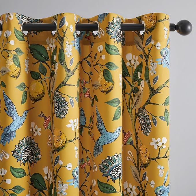 Topfinel 60 Inches Long Custom Mustard Yellow Luxury Curtains for Living Room Bedroom, Blackout Vintage Victorian Curtains Floral Lemon Hummingbird Printed Grommet Drape 60 Inch Length