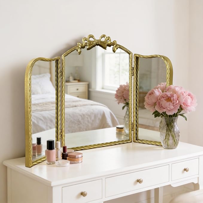 Gold Trifold Vanity Mirror Bow Top, 3-Way Makeup Mirror, Wall Mirrors for Entryway, Dresser Mirror for Bedroom, Wall Mirrors over Bathroom Sink, Decorative Mirror for Mantle, Wall-Mount Tabletop