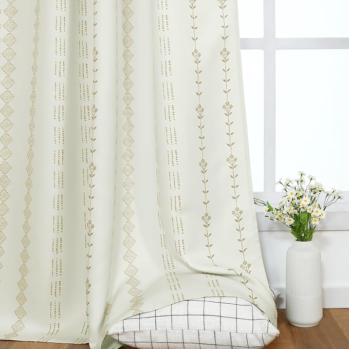 Lino Rosa Tan Boho Farmhouse Curtains, 50% Blackout Pattern Drapes with Striped Floral Print Design, 63 Inch Length