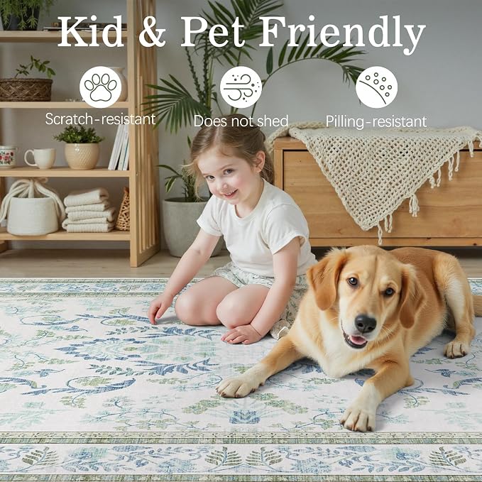 DCX Green 8x10 Rug, Kid & Pet Friendly with Rubber Back Non Slip, Machine Washable Stain Resistant Botanical Floral Rug for Living Room, Bedroom, Soft Low Pile Large Nursery Carpet