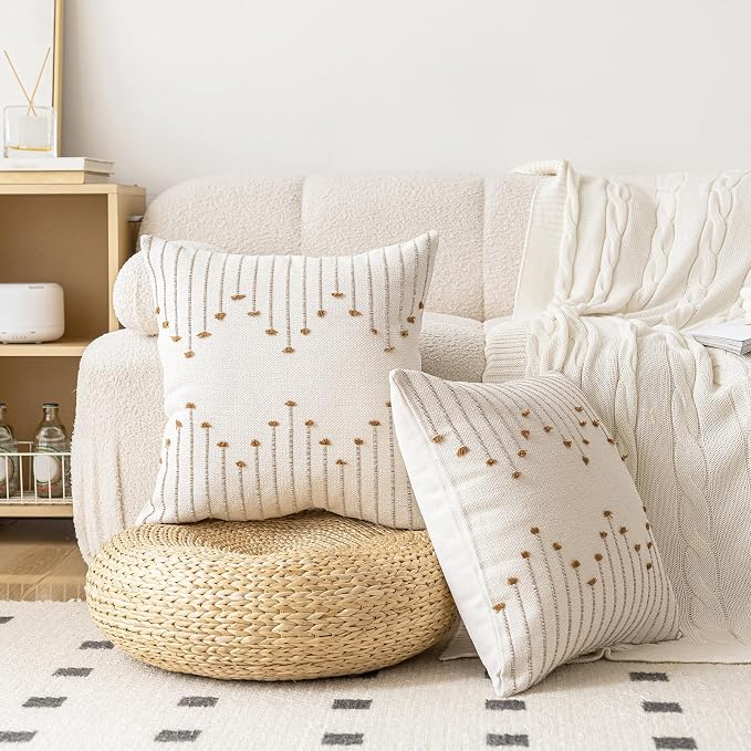 LILEPOY Boho Throw Pillow Covers 18x18 Set of 2 Neutral Decorative Textured Cushion Case Farmhouse Pillowcase Modern Square Pillow Covers for Sofa,Couch, Living Room,Beige and Brown